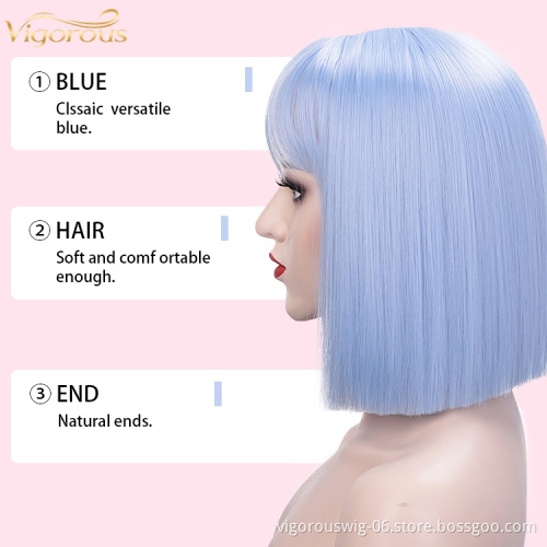 Hot sale wholesale cheap high quality premium blue short hair fibre synthetic bob air bang wigs heat resistant for black woman
